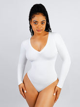 Langärmliger, gerippter Bodysuit mit V-Ausschnitt - Weiß
